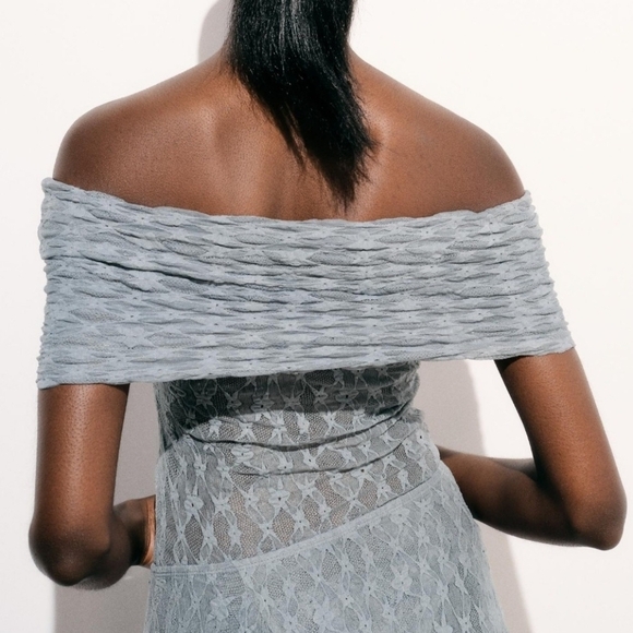 Zara Women's Off The Shoulder Lace Bodysuit | Bluish Gray | SMALL - Picture 3 of 12
